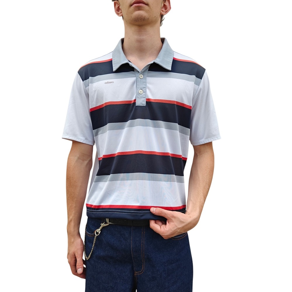 Adidas Adizero Mens Polo Shirt Grey Navy Red Striped Cropped Golf Top Large